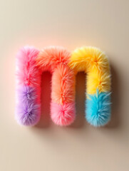The letter M is covered in fluffy soft fur with a cute and creative design on a pastel background