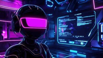 Futuristic digital workspace with ai chatbot avatars and holograms