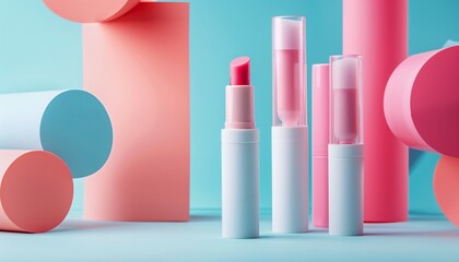 Pastel Cosmetics Product Shot: Lipstick and Lip Glosses with Geometric Shapes