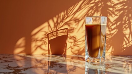 Glass of iced coffee on marble table with plant shadows in sunlight