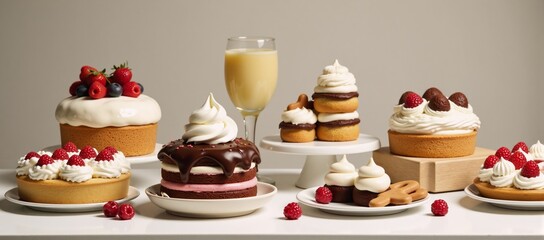 Cartoon-style illustration of festive dessert spread featuring pies cakes cookies berries cocktails and eggnog for the holiday season