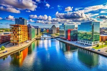 Obraz premium Bright Sunny Day in Copenhagen Ørestad Cityscape - Modern Architecture and Urban Panorama