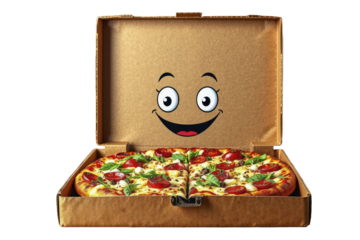 Cardboard pizza box with smiling face filled with colorful pizza topped with pepperoni, isolated transparent png