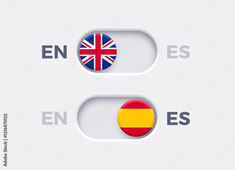 Leinwandbilder english language mode and spanish language mode toggle switch buttons.toggle slider with united king