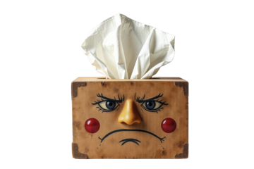 Wooden tissue box with hand painted face and expressive eyes, isolated transparent png