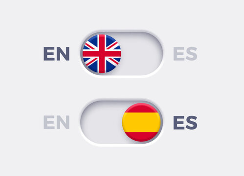 English language mode and Spanish language mode toggle switch buttons.Toggle slider with United Kingdome flag icon and Spanish flag icon. Material design slider switch buttons set. Vector illustration