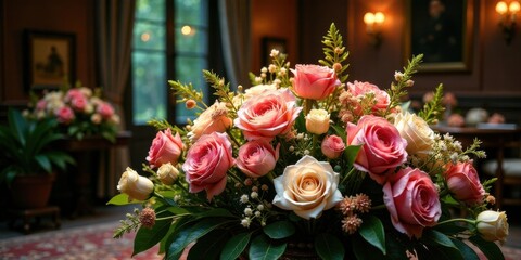 Elegant pink and cream roses arranged in a lush bouquet, displayed in a sophisticated indoor setting, adding a touch of refined beauty to the room's ambiance.