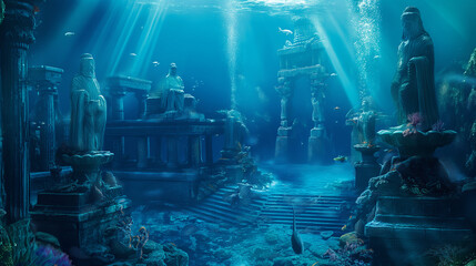 Underwater city of Atlantis, built with massive ancient stone structures, towering temples, and statues. The atmosphere is majestic, mysterious, and ancient. Space for text. Generative AI.