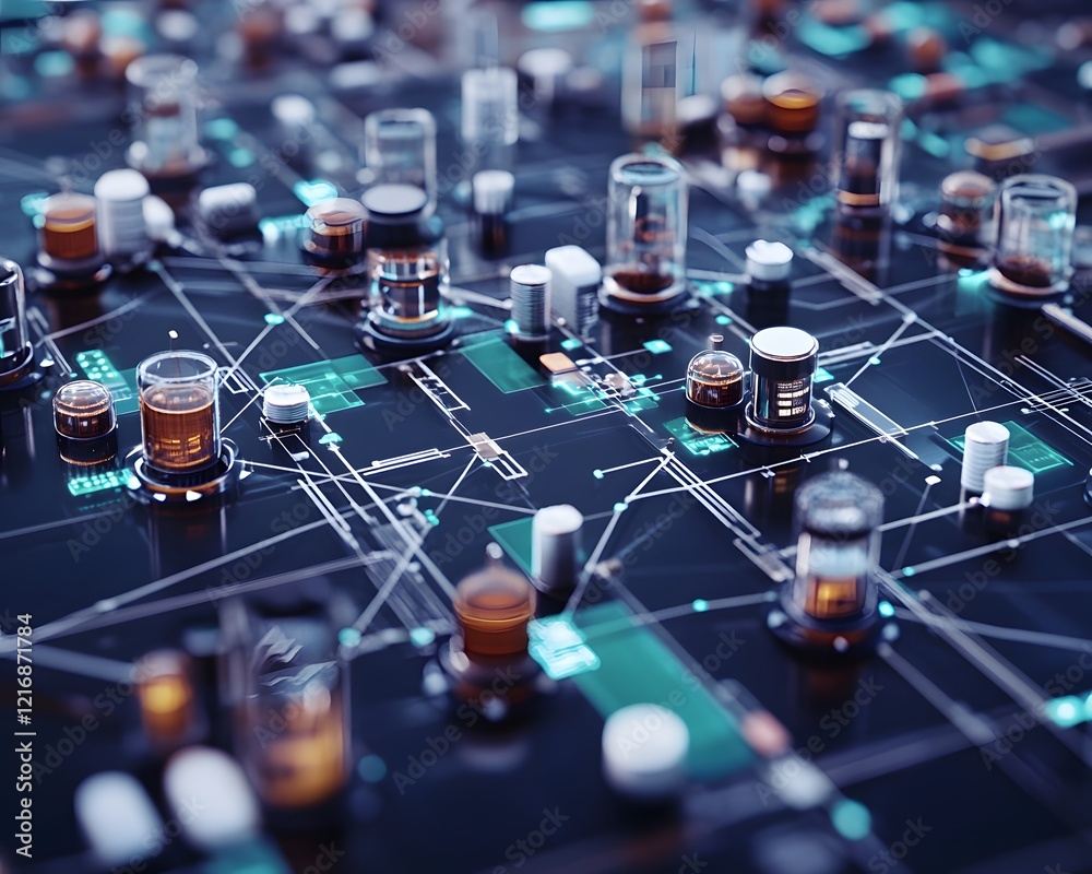 Poster a close-up view of a futuristic circuit board with intricate pathways and components, showcasing a b