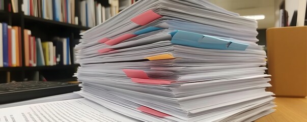 Fototapeta premium A close-up view of a disorganized stack of documents and papers, highlighting the chaos often found in office environments, emphasizing the importance of organization and efficienc
