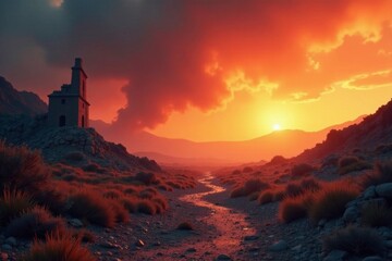 Desolate terrain stretches towards a burning sky in summer, smoke, ruin