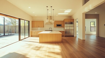 Kitchen interior in beautiful new luxury home with wooden floor