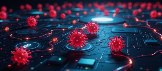 Digital visualization showcases an interactive malware infection scenario with glowing viruses infecting data nodes amidst intricate security infrastructure