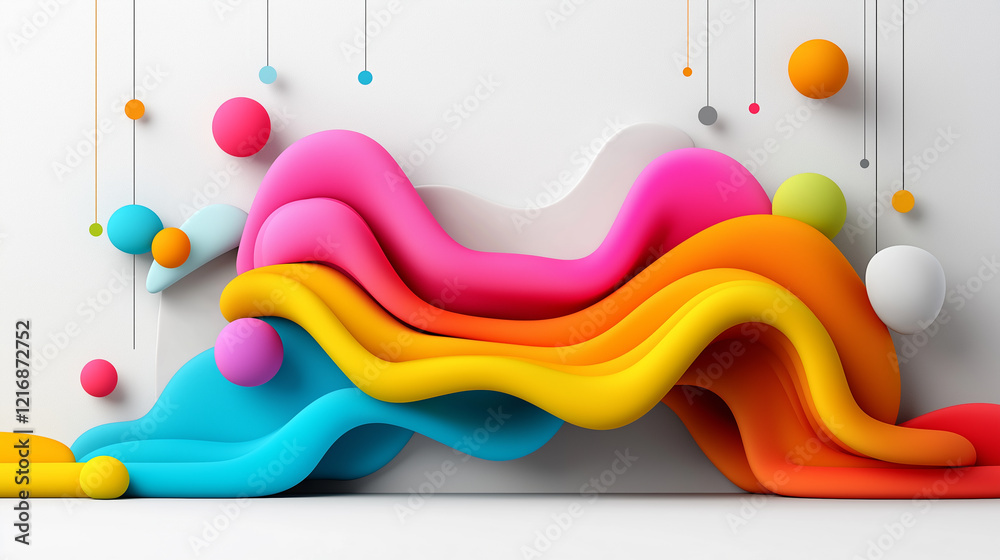 Poster dynamic and colorful abstract patterns showcasing modern design elements in a spacious interior envi