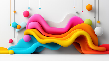 Dynamic and colorful abstract patterns showcasing modern design elements in a spacious interior environment with playful shapes and vivid hues