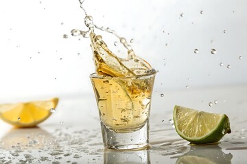 Isolated tequila glasses clinking with splash, perfect for promoting parties, tequila brands, or celebratory drinks.