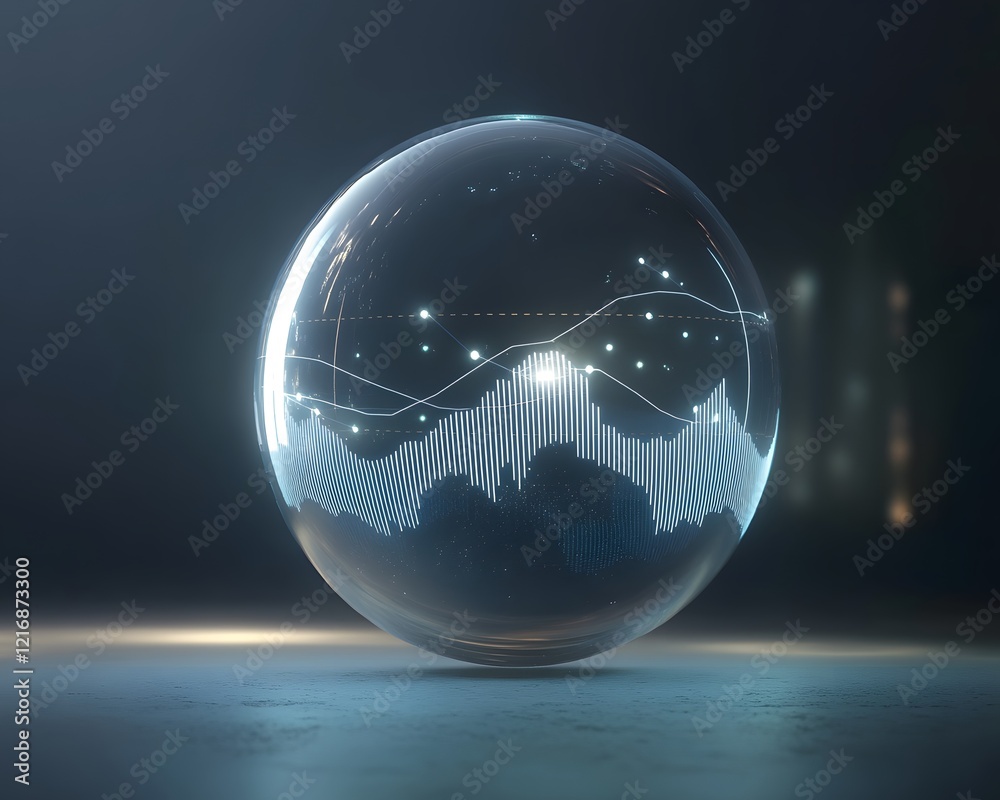 Poster a futuristic glass sphere displaying data analytics and graphs. it symbolizes innovation and progres