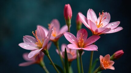 Naklejka premium Delicate Pink Blooms with Dew Drops on Petals, a Close-Up Botanical Study