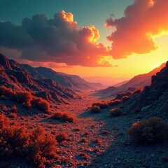 Desolate terrain stretches towards a burning sky in summer, summer, ash