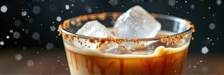 Refreshing iced coffee with caramel and brown sugar rim on glass