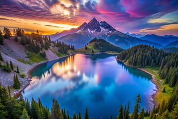 Cascadia Sunset: Sapphire Lake & Majestic Mountains, Bifrost Rainbow Aerial View