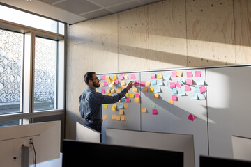 Businesswoman using adhesive notes in an office to brainstorm ideas