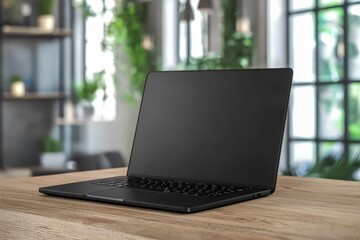 A modern black laptop placed on a wooden desk, background showing blurred home office decor.