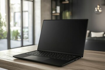 A modern black laptop placed on a wooden desk, background showing blurred home office decor.