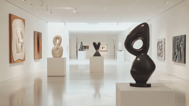 Modern Art Gallery Featuring Abstract Sculptures and Wall Art
