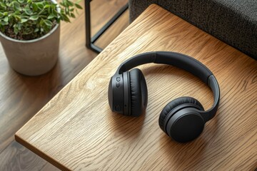A pair of headphones lying next to a smartphone on a modern wooden table.