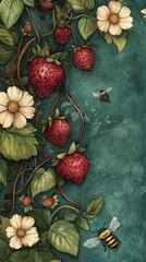 Watercolor illustration of strawberries wildflowers and bees