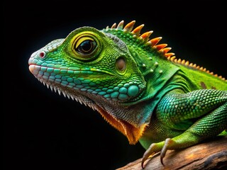 Fototapeta premium Chameleon Lizard Isolated on Black, Reptile Profile, Exotic Pet, Vivid Green Skin, Wildlife Photography