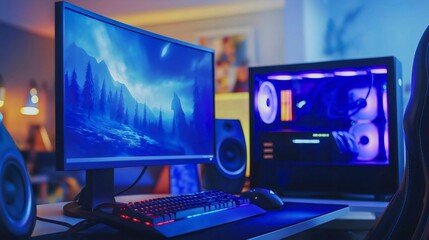 Fototapeta premium Immersive Gaming Setup with RGB Monitor and Keyboard in Modern Workspace