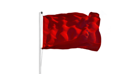 Close-up of a red flag blowing in the wind isolated on free png background, representing warning, danger, or signaling.