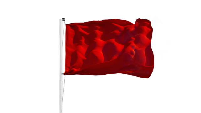 Close-up of a red flag blowing in the wind isolated on free png background, representing warning, danger, or signaling.