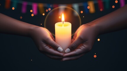 A symbolic image of two hands of different skin tones holding a glowing candle together, surrounded by a soft circle of light, symbolizing peace, equality, and civil rights, the darkened background