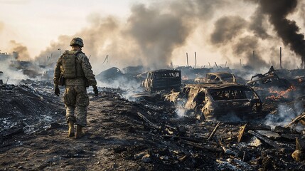 A Soldier Walking Through Burning Cars and Rising Smoke in a War-Torn Battlefield