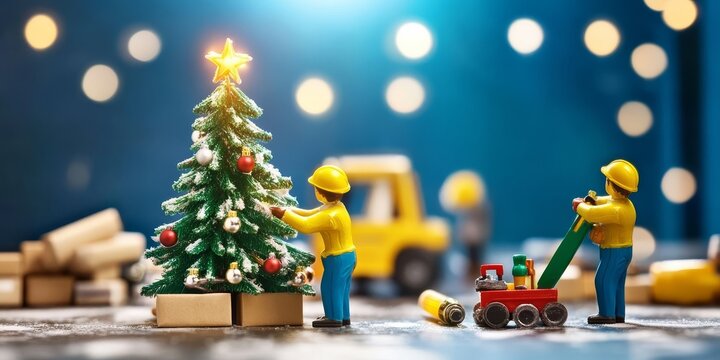 A vibrant Christmas tree takes shape under the supervision of diligent workers.