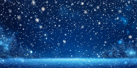 A serene winter scene with a deep navy blue background and snowflakes.