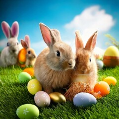 Two adorable rabbits sit close together on soft green grass surrounded by vibrant Easter eggs. Other rabbits can be seen in the background under a sunny sky