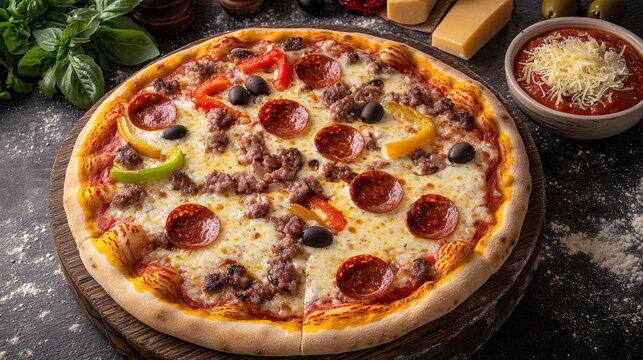 A delicious pizza fresh out of the oven, loaded with gooey, melted cheese and a variety of colorful toppings, including pepperoni, bell peppers, and olives, perfect for celebrating National Pizza - Powered by Adobe