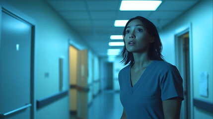 Obraz premium Nurse in Scrubs Expressing Anxiety While Navigating Hospital Corridor at Night