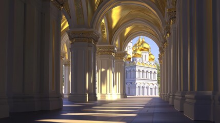 Fototapeta premium Golden-domed cathedral viewed through sunlit arcade