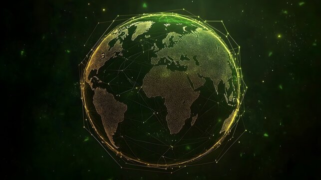 Global Network Connection Digital Earth Abstract Green Gold Technology Background Futuristic World Map Illustration Digital Globe Networked Planet Golden Lines 