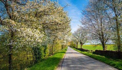 Scenic Spring Road – Tree-Lined Path with Fresh Green Foliage and Blooming Countryside Landscape