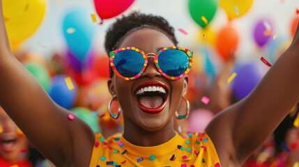 A vibrant outdoor celebration featuring a diverse group of people dancing and holding colorful banners with messages of freedom and unity, a central stage with performers, balloons and confetti