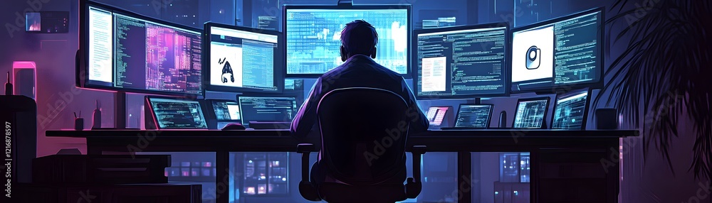Poster a tech-savvy individual immersed in a digital workspace, surrounded by multiple screens displaying d