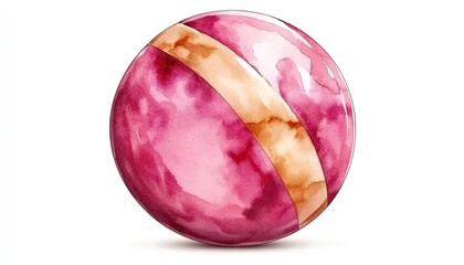 A vibrant watercolor illustration of a pink ball with a golden stripe, showcasing artistic texture and depth