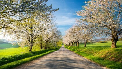 Scenic Spring Road – Tree-Lined Path with Fresh Green Foliage and Blooming Countryside Landscape