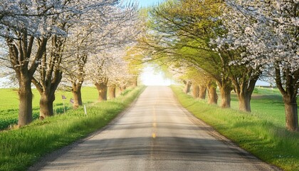 Obraz premium Scenic Spring Road – Tree-Lined Path with Fresh Green Foliage and Blooming Countryside Landscape